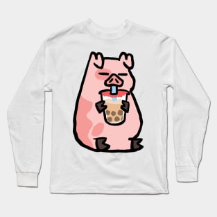 Cute Cartoon Piggy drinking Shake Long Sleeve T-Shirt